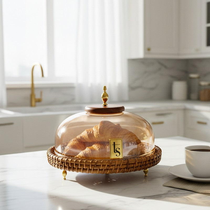 Crystal Cover Glass Dome Wooden Cake Stand