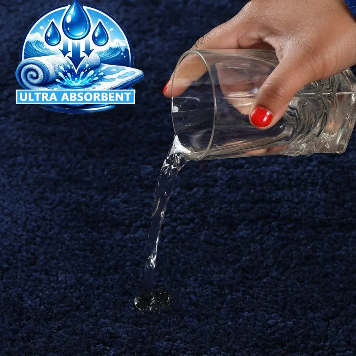 Water being poured onto a dark blue textured bath mat