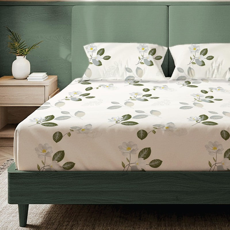 Verdant Garden Floral Cotton Bedsheets (Green & White) - 200 TC media 3