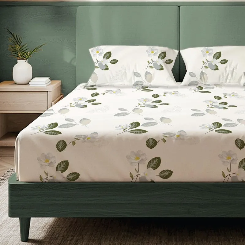 Verdant Garden Floral Cotton Bedsheets (Green & White) - 200 TC media 3
