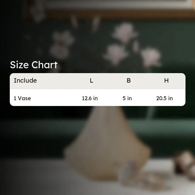 Blurred vase background with a size chart overlay card