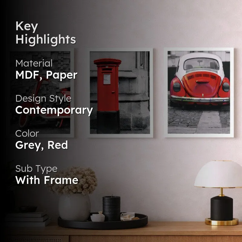 Crimson City Paper Wall Painting With MDF Frame (White) - Set Of Three media 2
