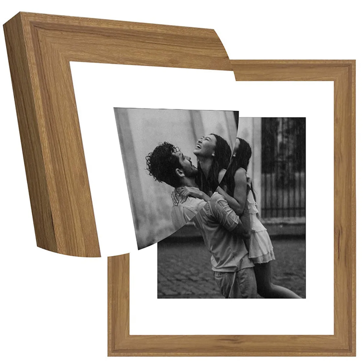 Close-up view showing the brown wood frame profile and rectangular shape.