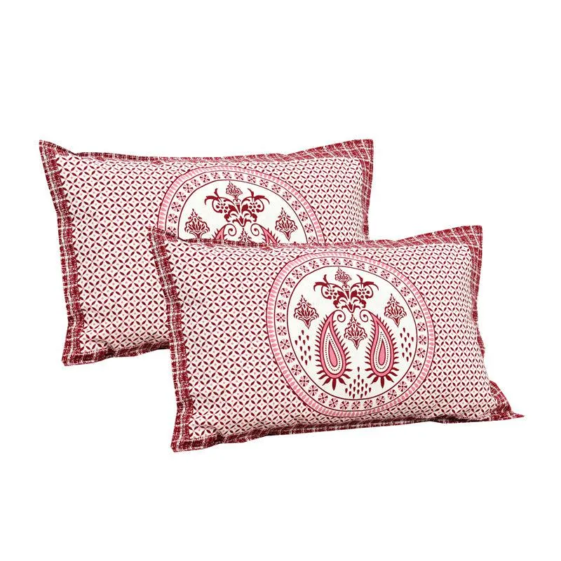 Trikaaya Ethnic Cotton Flat Bedsheet (White & Red) - 160 TC media 6