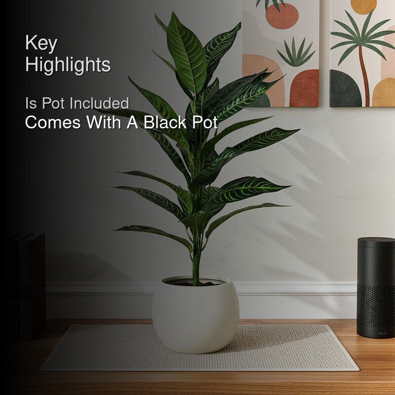 Faux Everlasting Green Iceton Croton Plant With Black Plastic Pot - 71 cm (2.3 ft) media 2