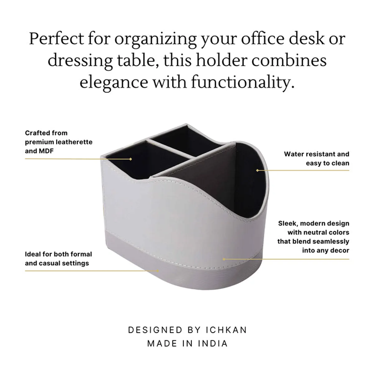 Grey desk organiser shown with three compartments and a curved front