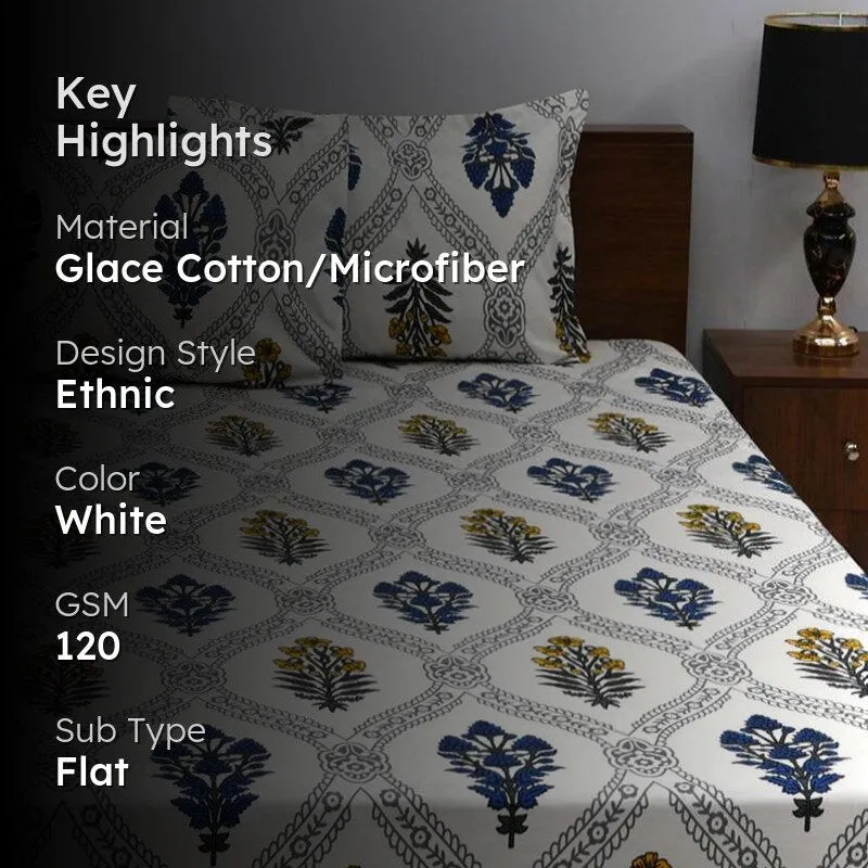 Chavvi Ethnic Microfiber Bedsheet (White & Blue) - 120 GSM media 2