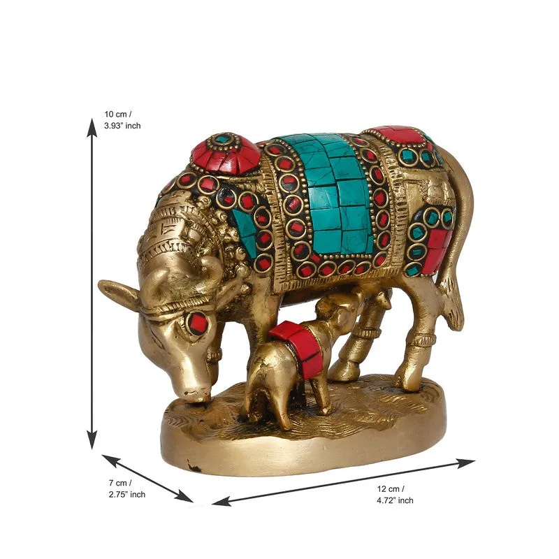 Gau Mata brass idol with calf shown with printed size graphic