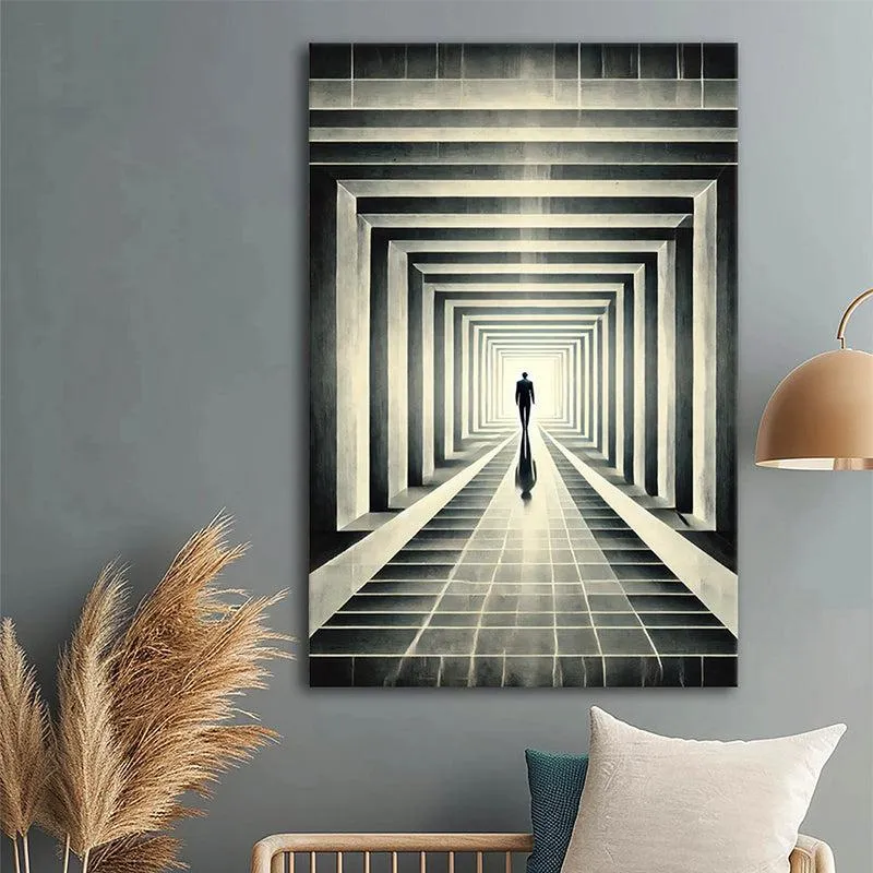 Geometric tunnel canvas wall painting displayed above a bench