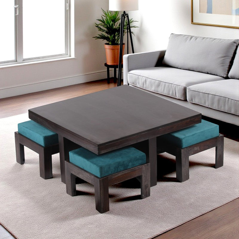 Evrino Sheesham Wooden Center Table with Stools and Cushions (Deep Brown,Blue) - Nine Piece Set
