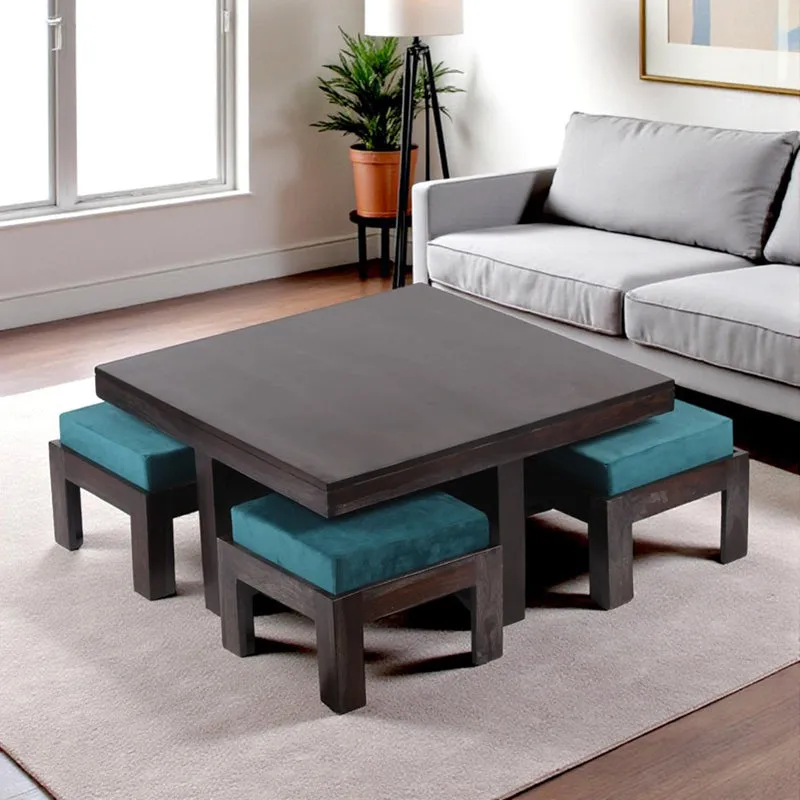 Evrino Sheesham Wooden Center Table with Stools and Cushions (Deep Brown,Blue) - Nine Piece Set media 1