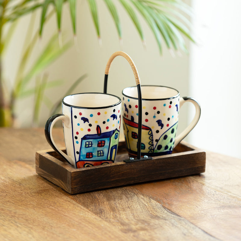 Coastal Cottage Handpainted Ceramic Coffee Mug With Tray (270 ML) - Three Piece Set