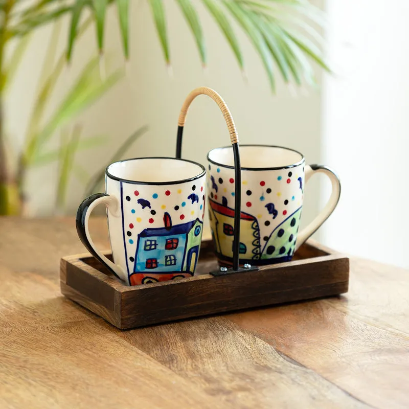 Coastal Cottage Handpainted Ceramic Coffee Mug With Tray (270 ML) - Three Piece Set media 1