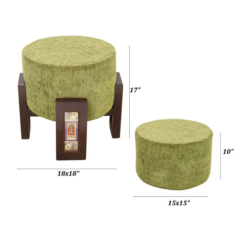 Suede Teak Wood Pouffe - Green media 7