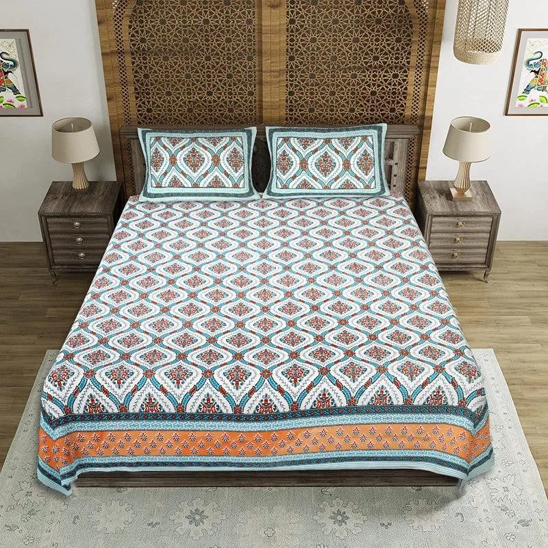 Dayalu Ethnic Cotton Bedsheet (Blue,Orange) - 144 TC media 1