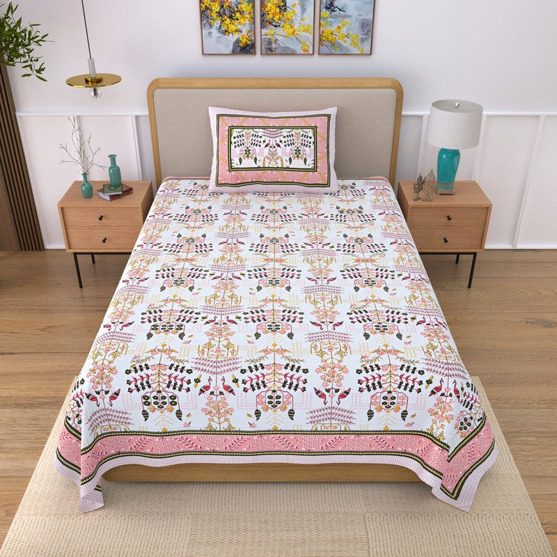 Serenza Floral Cotton Bedsheet (Pink & White) - 240 TC