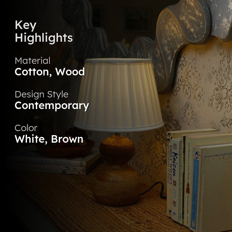 Tranquil Wooden Base Cotton Table Lamp - White,Brown media 2