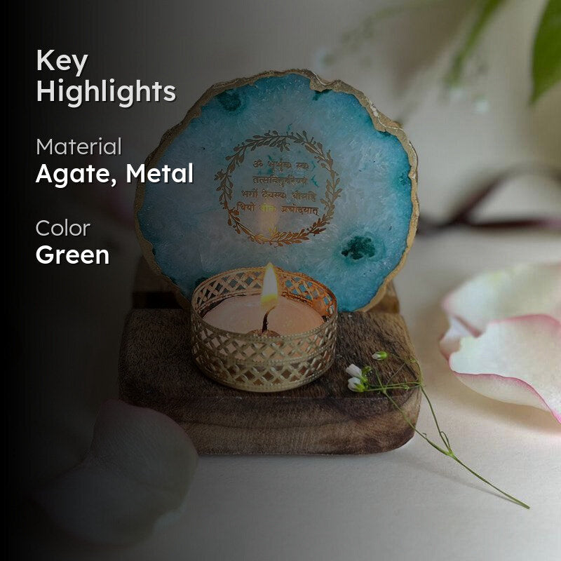 Gayathri Mantra Handcrafted Agate Religious Accent With Tealight Candle Holder - Green media 2