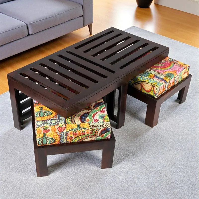 Zavro Sheesham Wooden Center Table with Stools (Deep Brown) - Five Piece Set media 1