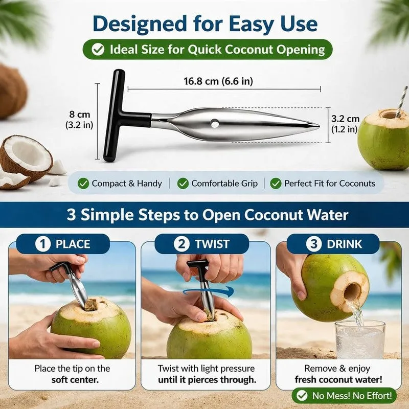 Instructional visual showing three steps to open a coconut with the tool