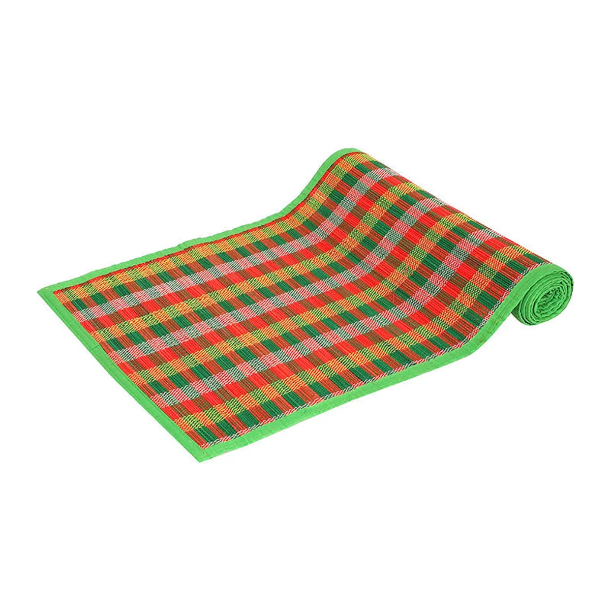 Rolled green checked table runner displayed against a white background