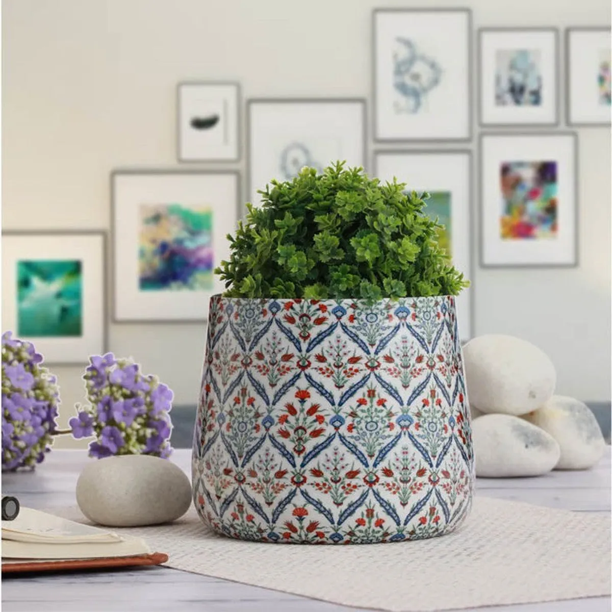 Floral patterned planter holding a green plant in a bright room