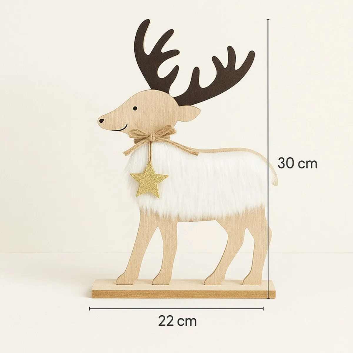 Wooden reindeer showpiece photographed against a plain light background