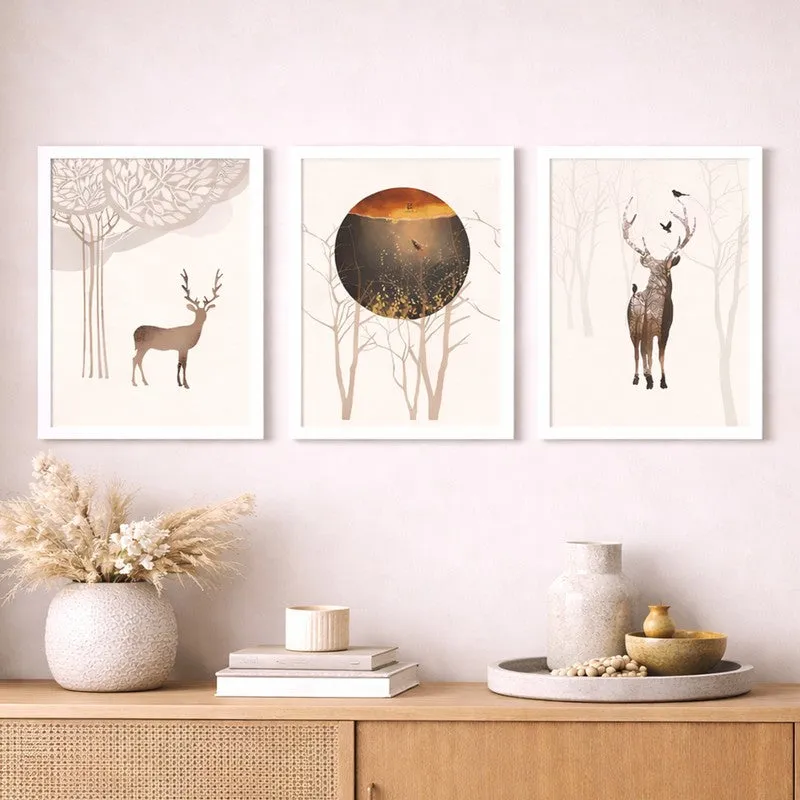 Deerland Paper Wall Painting With MDF Frame (White) - Set Of Three media 1