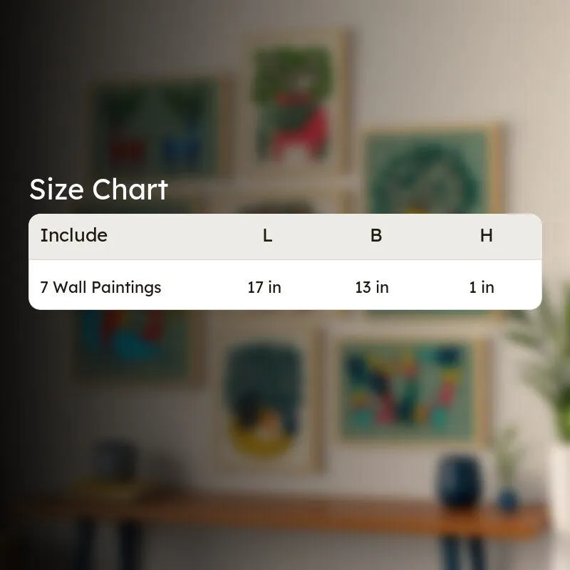 Blurred wall art display with a white size chart panel overlay.