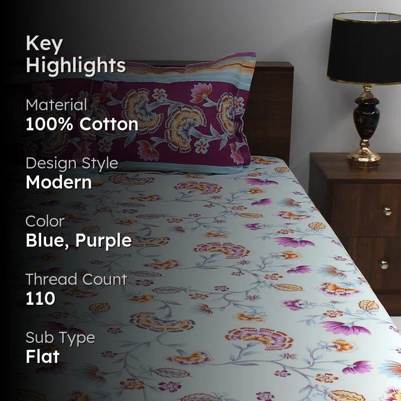 Siya Floral Cotton Bedsheet (Violet,Light Blue) - 110 TC media 2
