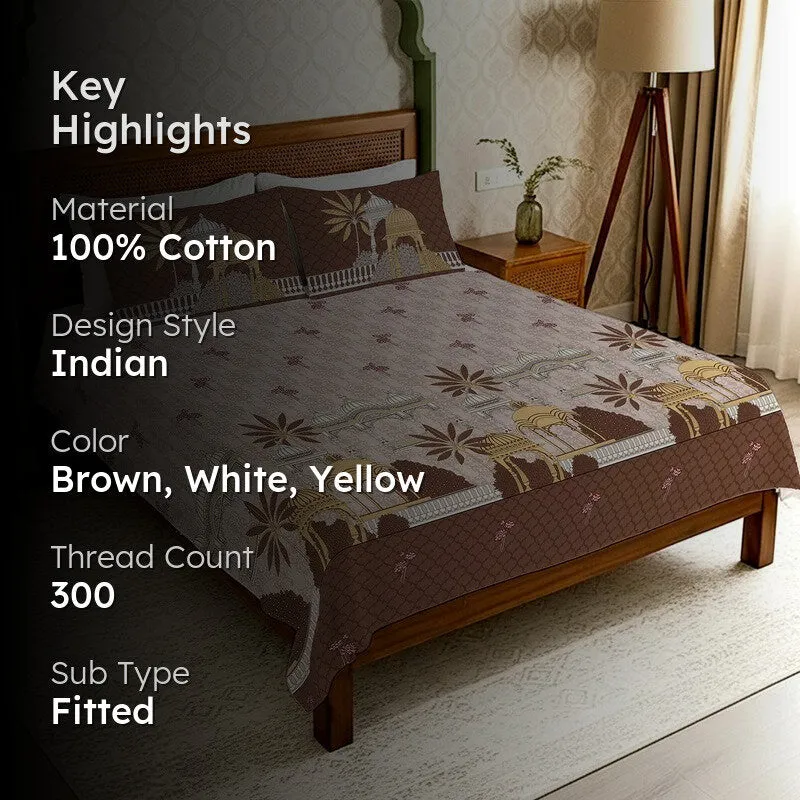 Urban Space Heritage Touch Fitted Cotton Bedsheet (Brown) - 300 TC media 2