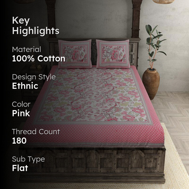 Gomti Ethnic Cotton Bedsheet (Pink) - 180 TC media 2