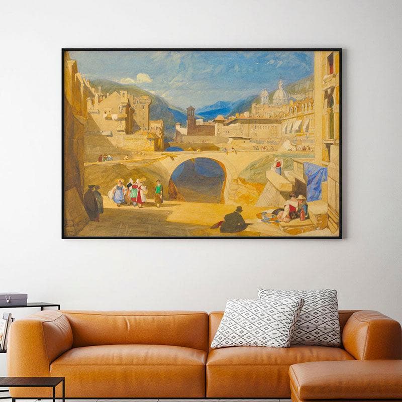 Bridge In A Continental Town Canvas Wall Painting - Black Frame