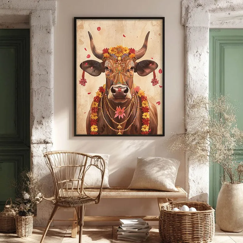 Divine Cow Traditional Canvas Wall Painting With Black Frame media 4