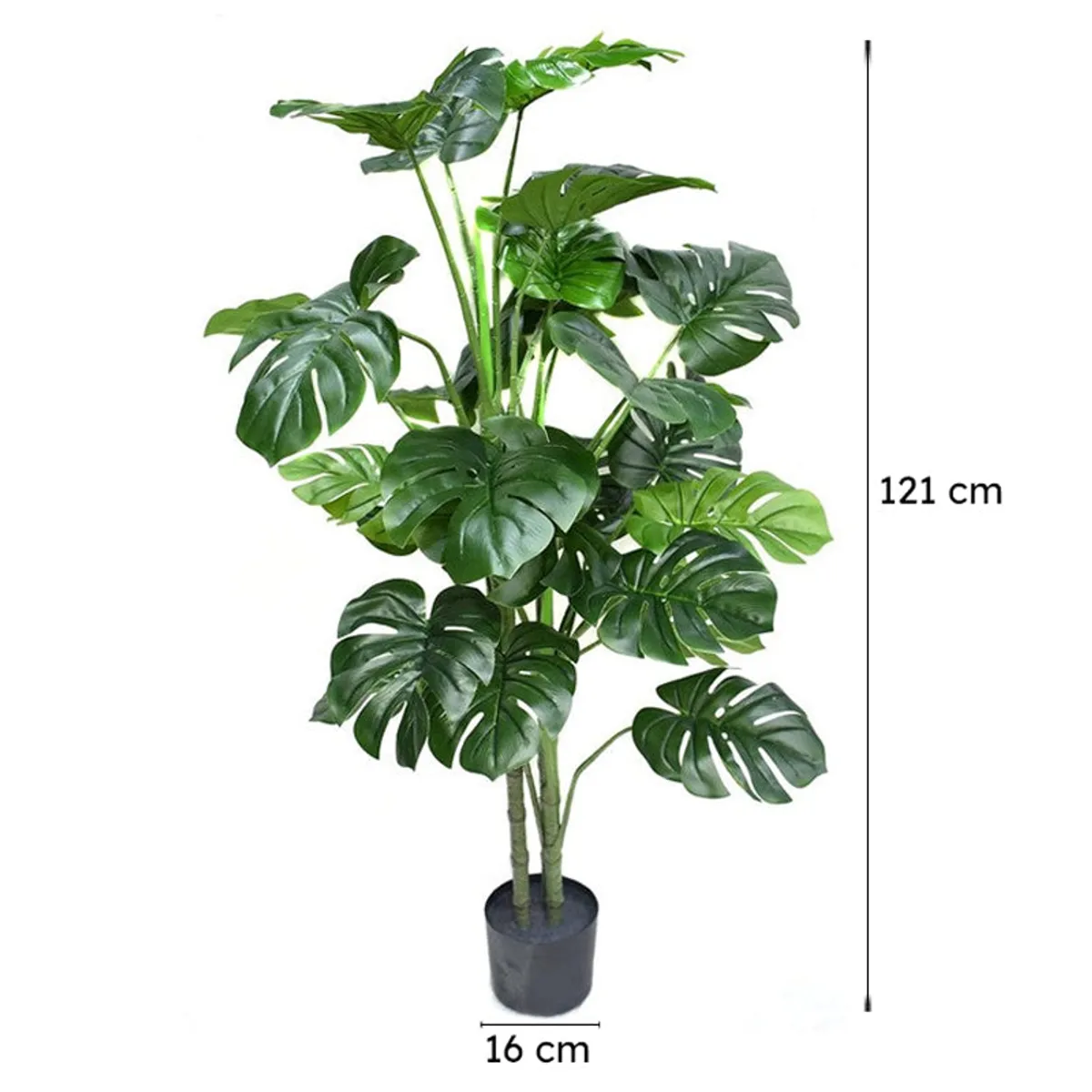 Artificial Monstera plant with black pot shown with height and base measurement lines