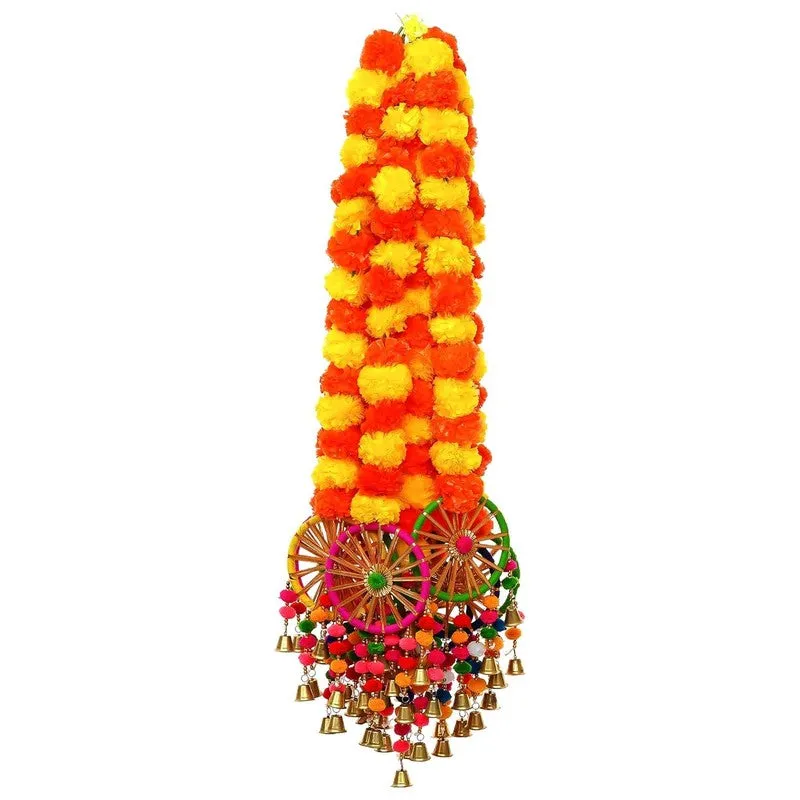 Close view of a single marigold latkan with colourful wheel detail and bells