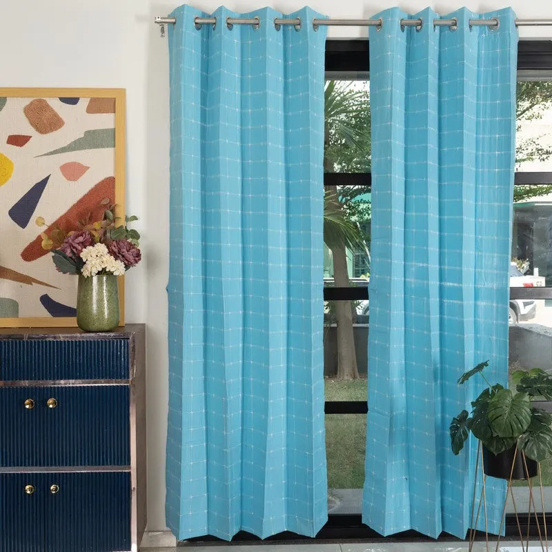 Pixel Checks Cotton Curtain - Light Blue media 3