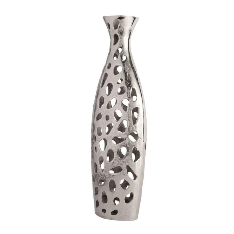 Front view of a tall silver vase with organic cutout detailing