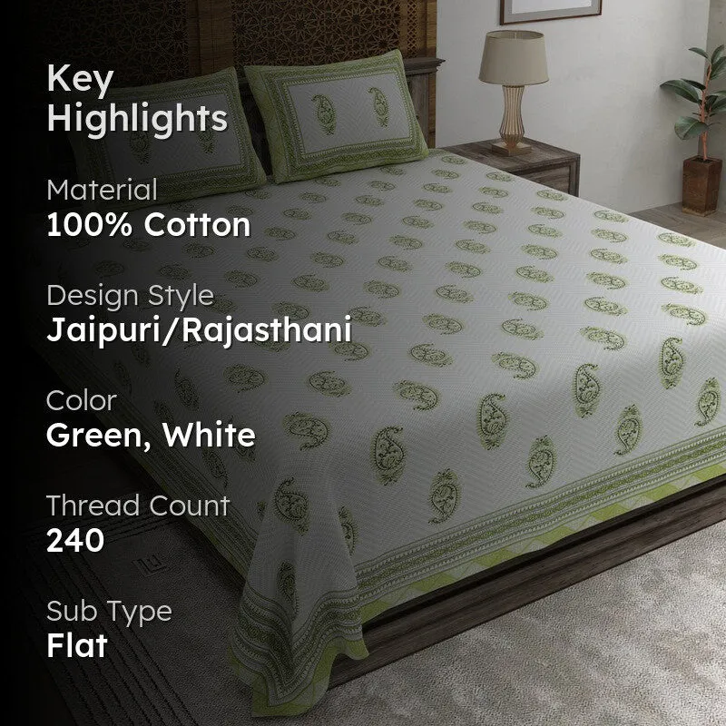 Vineva Cotton Bedsheet (Green,White) - 240 TC media 2