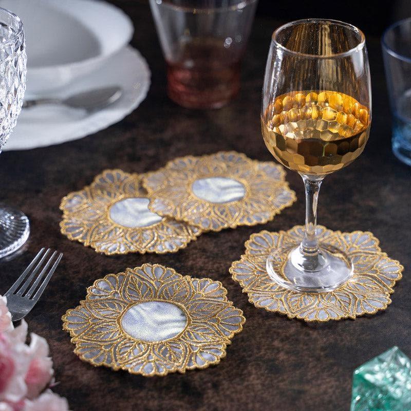 Elegant White Fabric Coaster with Gold Embroidery – Set of Four media 5