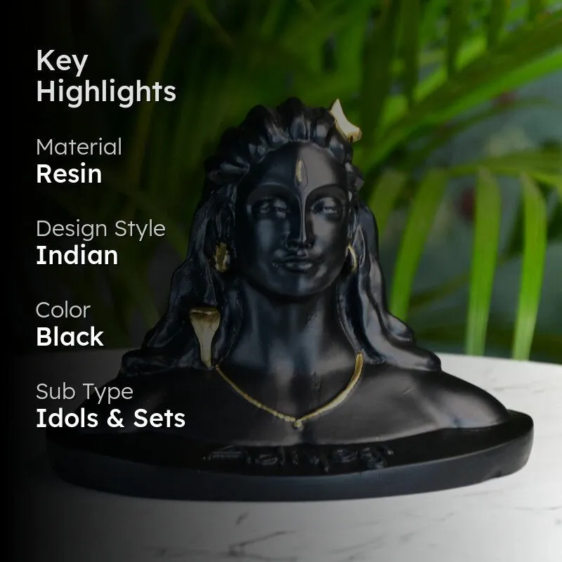 Black Adiyogi showpiece with a dark overlay and key highlights text