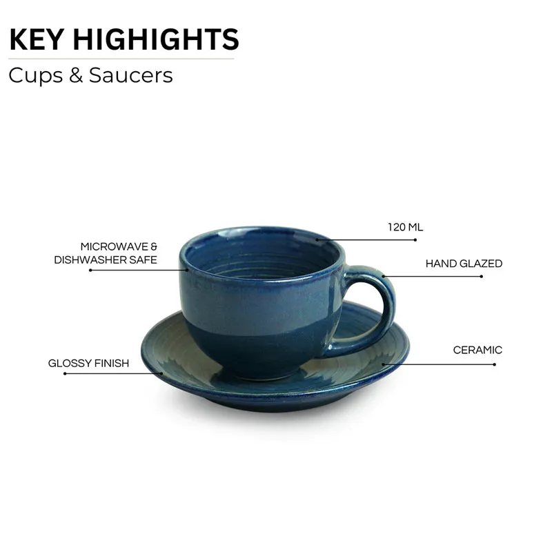 Sininen Handglazed Ceramic Tea Cup With Saucer (120 ML) - Twelve Piece Set media 5