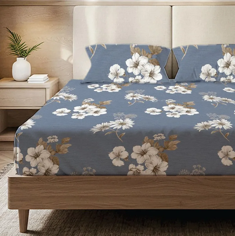 Ocean Petals Floral Cotton Bedsheets (Blue & White) - 200 TC media 3