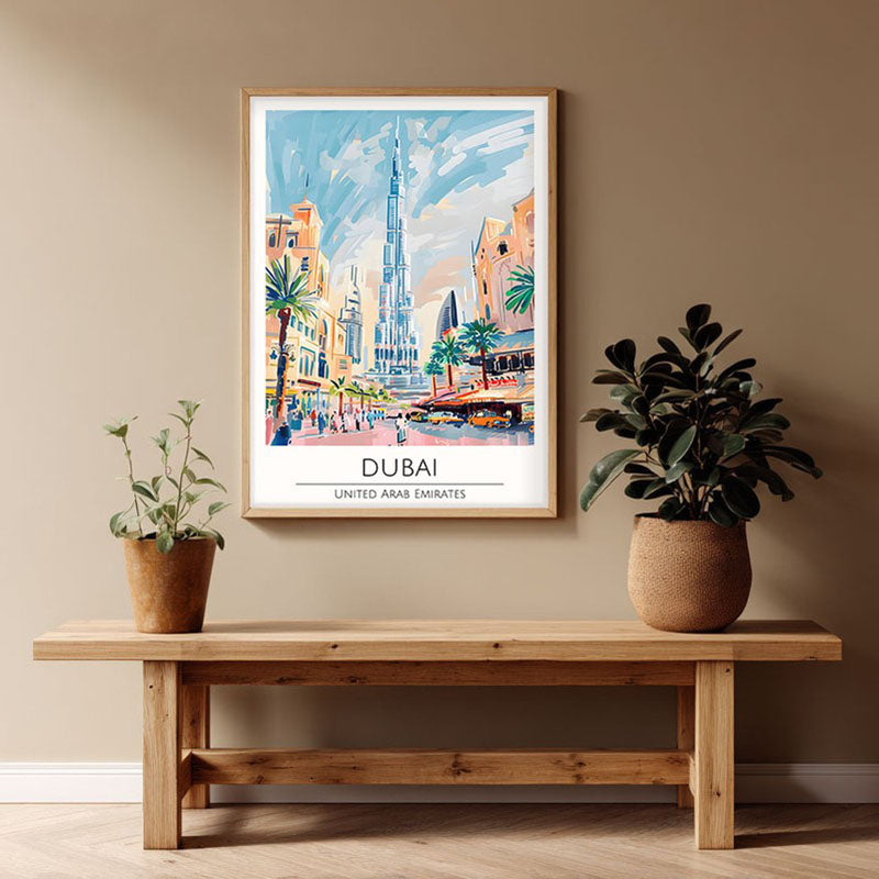 Vintage Dubai Framed Canvas Archival Canvas Wall Painting - Natural Brown Frame
