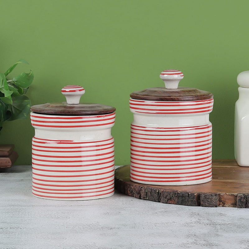Tiare Edge Ceramic Jar (Red/600 mL Each) - Set Of Two