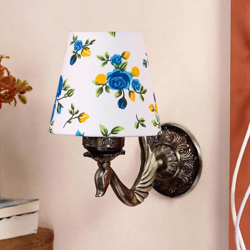Amro Retro Blue Fleur Conical Fabric & Metal Wall Lamp media 3