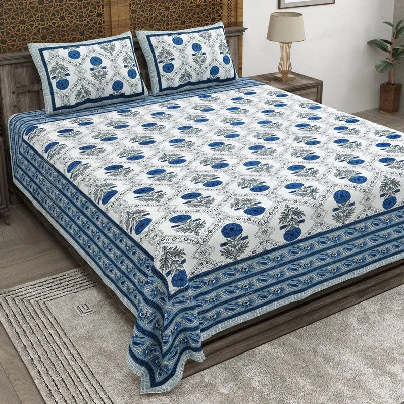Vineen Cotton Bedsheet (Blue,White) - 240 TC media 1