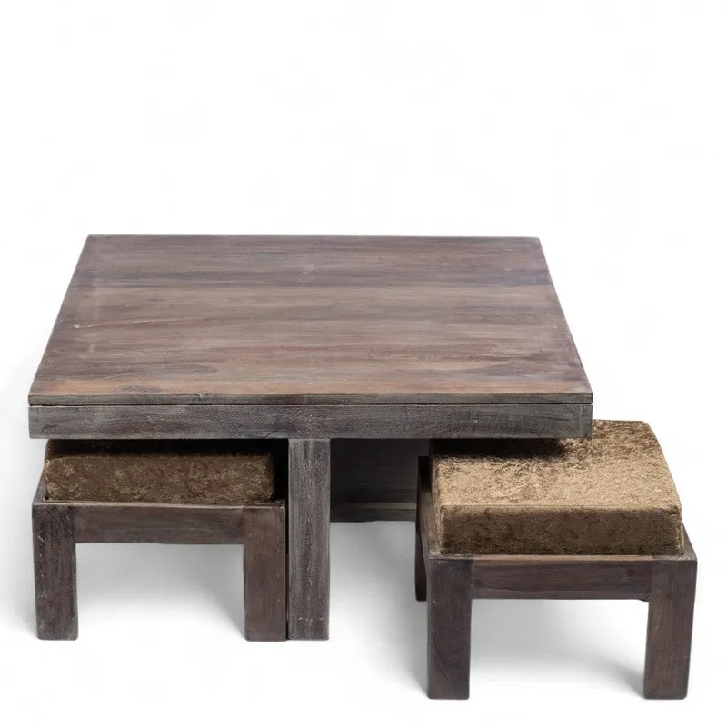 Exiron Sheesham Wooden Center Table with Stools and Cushions (Grey) - Nine Piece Set media 5
