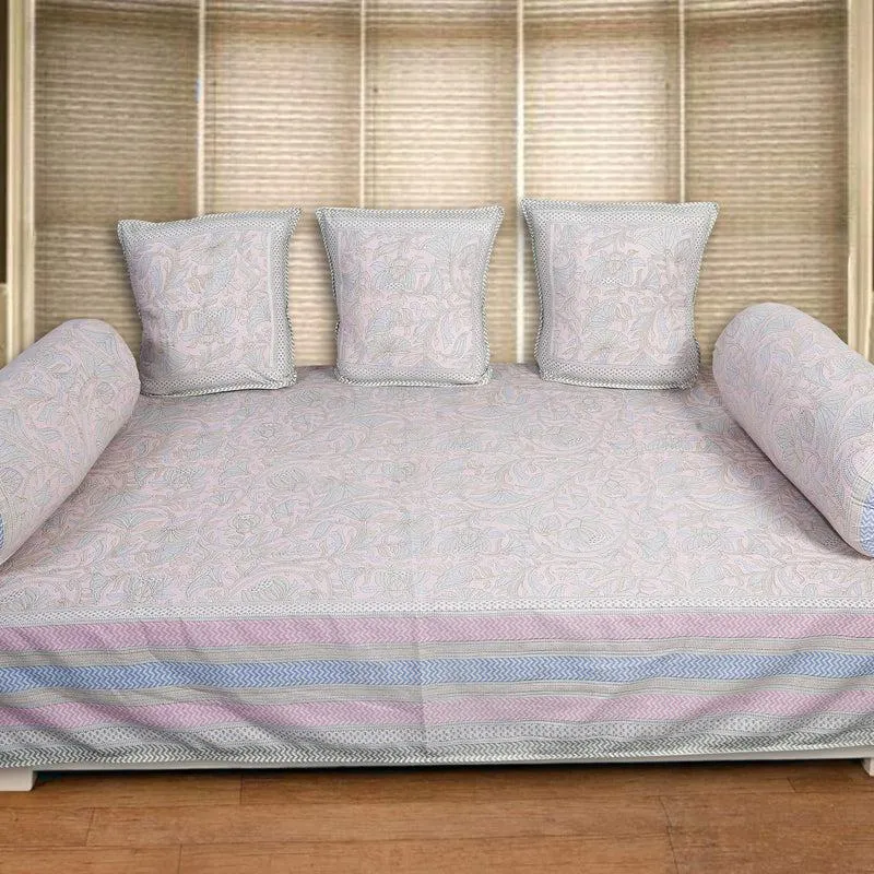 Viya Flora Diwan Set (Light Pink & Blue) - Six Piece Set media 1