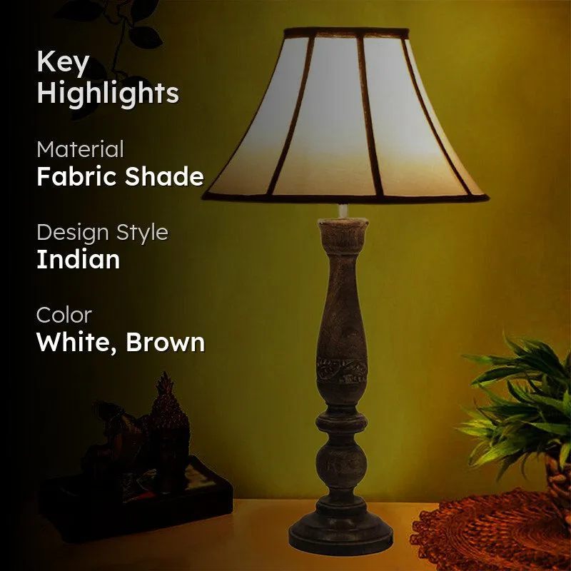 Nihara Diya Wooden Fabric Table Lamp - White,Brown media 2
